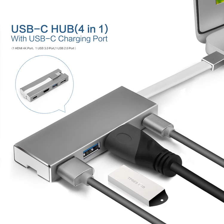 

Type C to USB 3.0 3.1 4 Port Adapter 5 in 1 Type C Hub, Silver