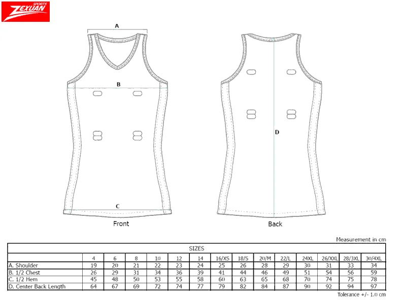 Netball Dress Size Chart