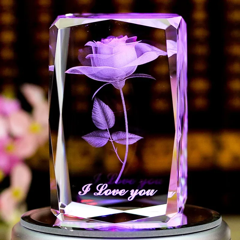 product 2023 valentine day flower rose 3d laser engraving led light stand wedding favor new design crystal gifts-26