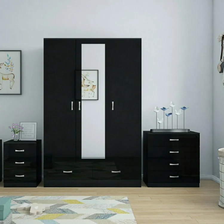 Gloss Grey & Black 3 Piece Bedroom Set 3 Door Mirrored Wardrobe Chest Bedside 