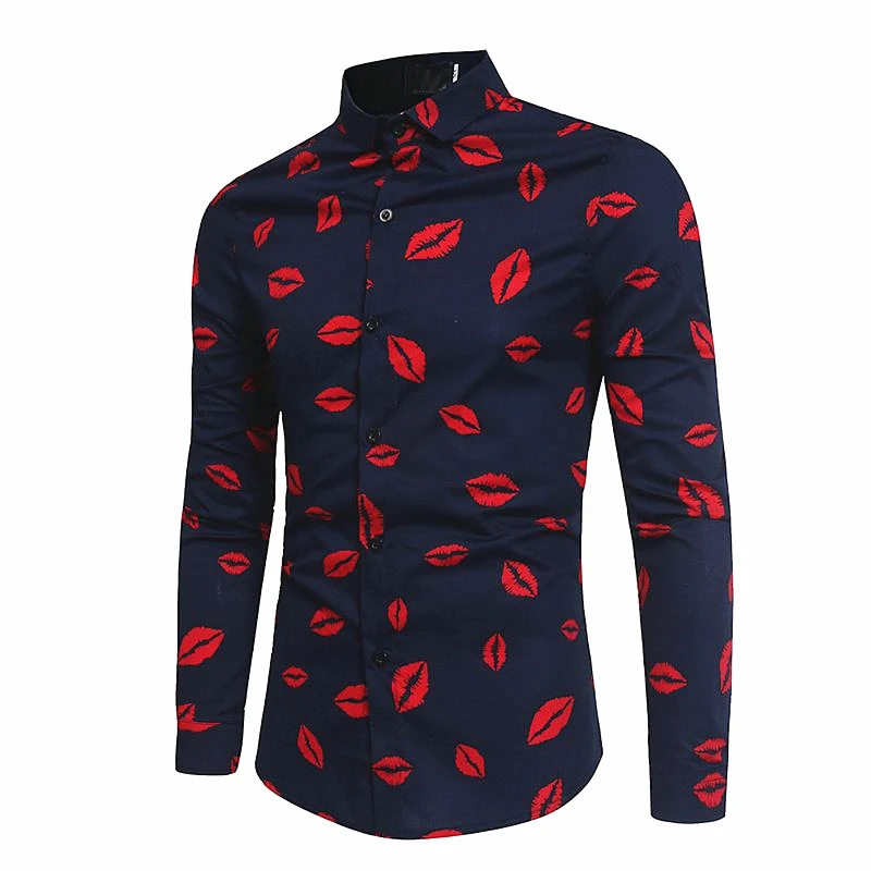 Lip Print Slim Fit Men Casual Shirts