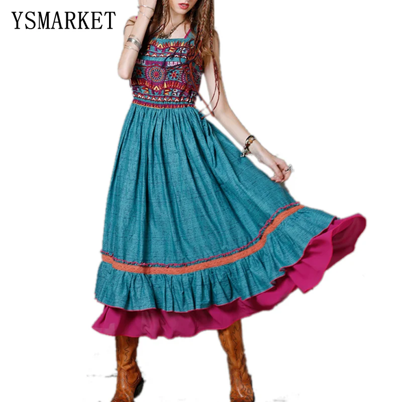 

Summer Women Maxi Dress Boho New Cotton Linen Dresses Floral Print Sundress Embroider Vestido EA8127, N/a