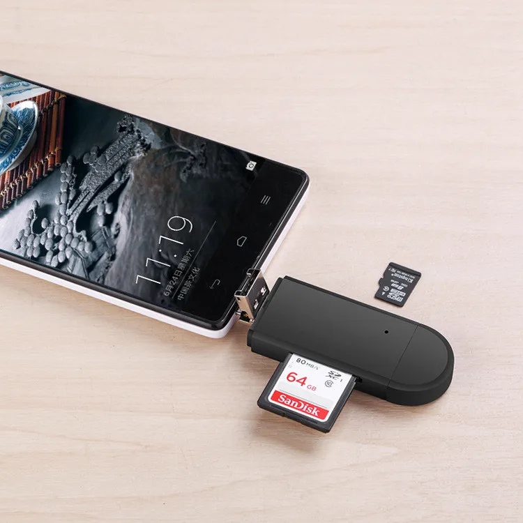 TF / SD čtečka karet, 3 in 1 Typ C / Micro USB / USB 2.0 OTG Adaptér pro PC, notebook, tablet, mobilní telefony Black