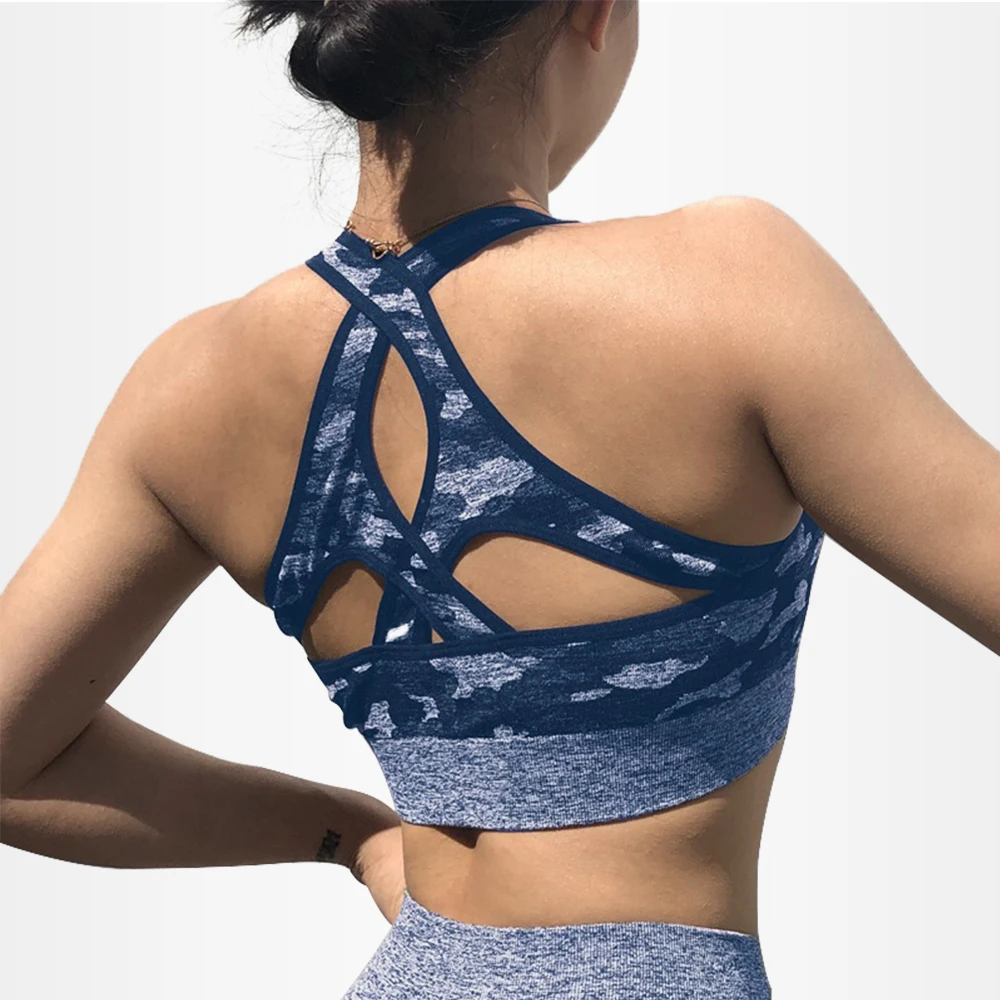 

Blue Color Sports Bra Hot Sports Fitness Tube Sexy Camo Sports Bra, Printed