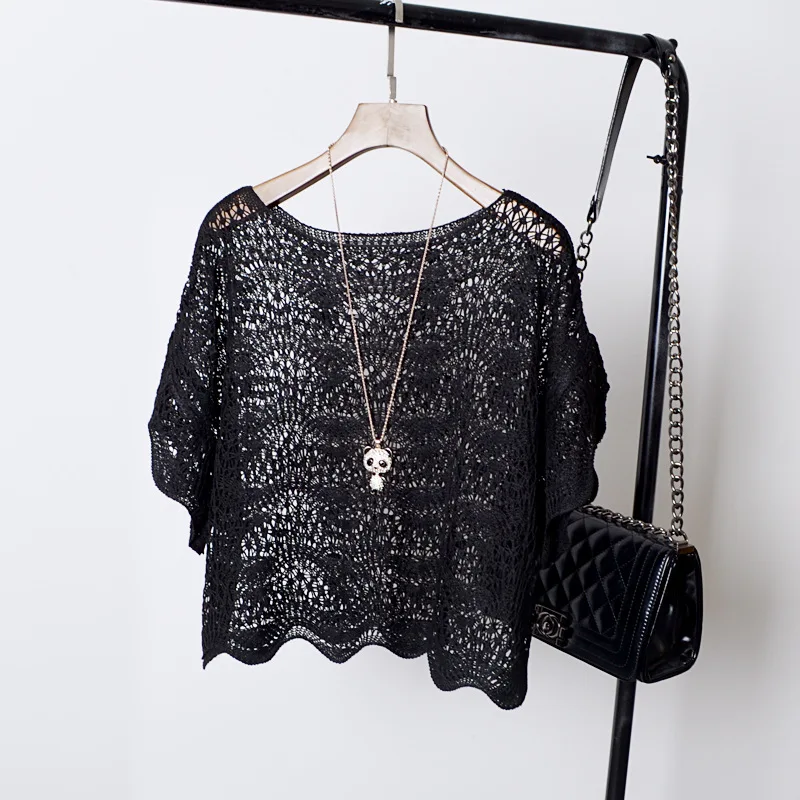 summer scoop neck short sleeve hollow out lace sexy casual transparent women knitted blouse