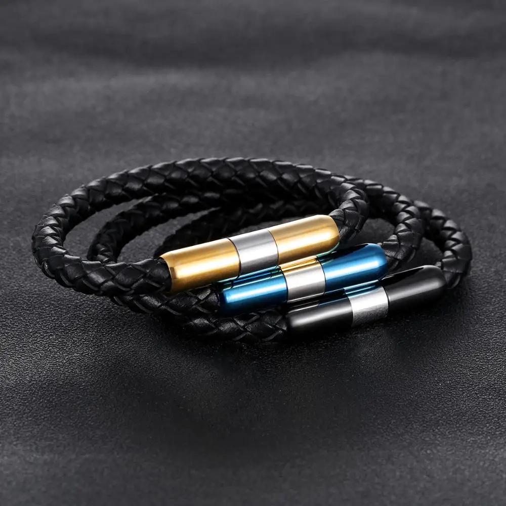 Trendy 2018 Mens Vibration Health Magnetic Stainless Steel Black Braided Leather Bracelets