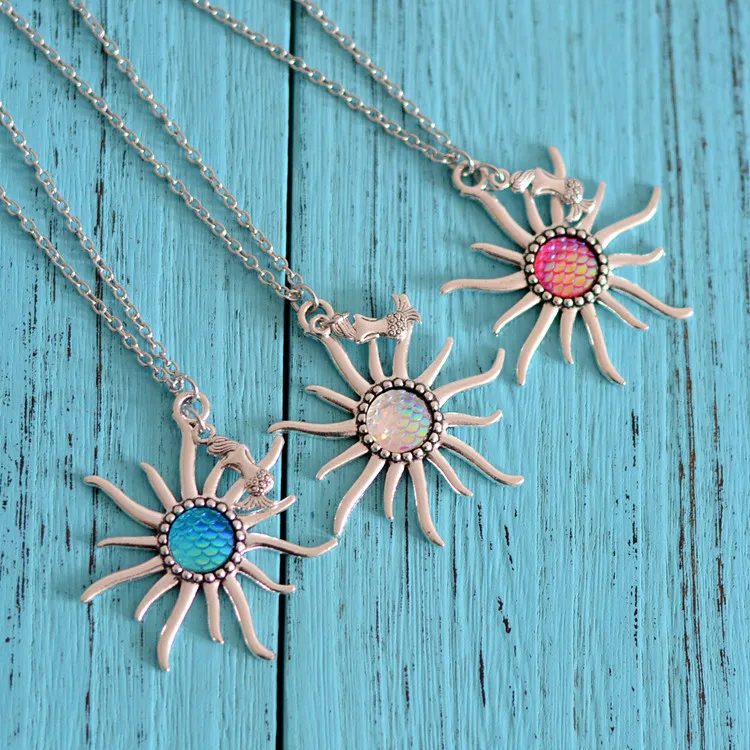 

Wholesale Women Mermaid Fish Scale Charm Sunflower Pendant Colorful Pendant Statement Necklaces Jewelry for Women Girls, Silver