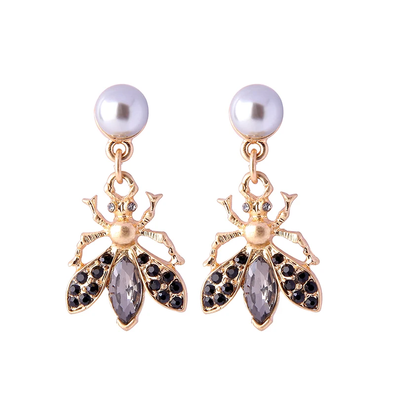 

ed01851c Luxury Black Pearl Dinner Jewelry Bee Charm Earring For Ladies, Gold