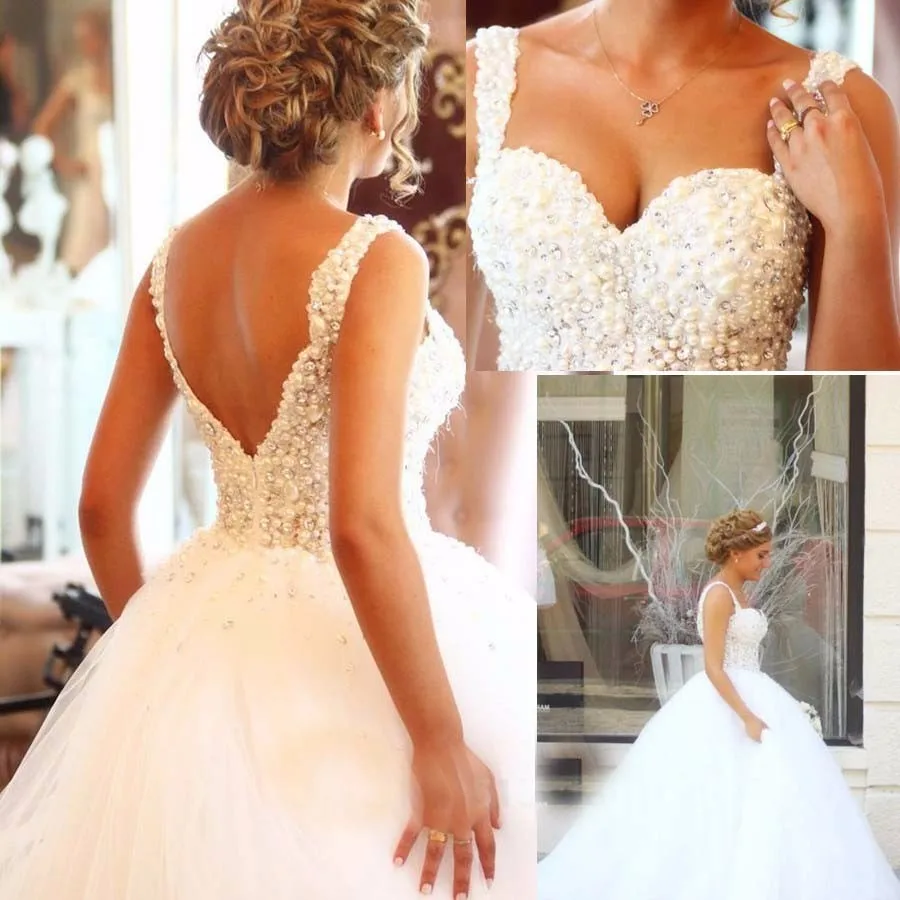 

LL039 Backless Wedding dresses 2022 Sweetheart Pearls Ball Gowns White Tulle Spaghetti Strap Customized chinese Vestidos, Per the request