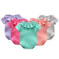 

Peter Pan Collar Summer 100% Cotton Solid Short Sleeve Stripe Ruffle Newborn Baby Romper