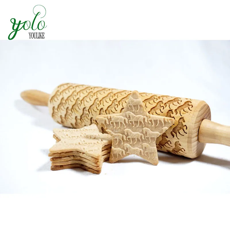 

Eco-friendly Bamboo Wooden Rolling Pin with Engraved Horse Pattern, Natural