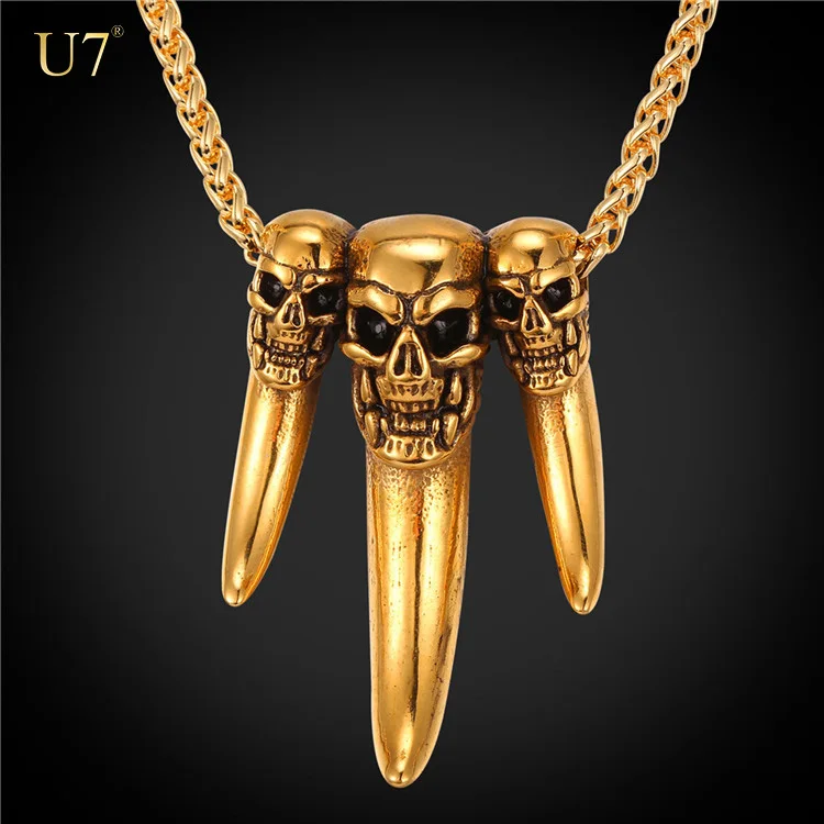 

U7 2017 unique 316L stainless steel steampunk antique skull Wolf Tooth pendant necklace with chain