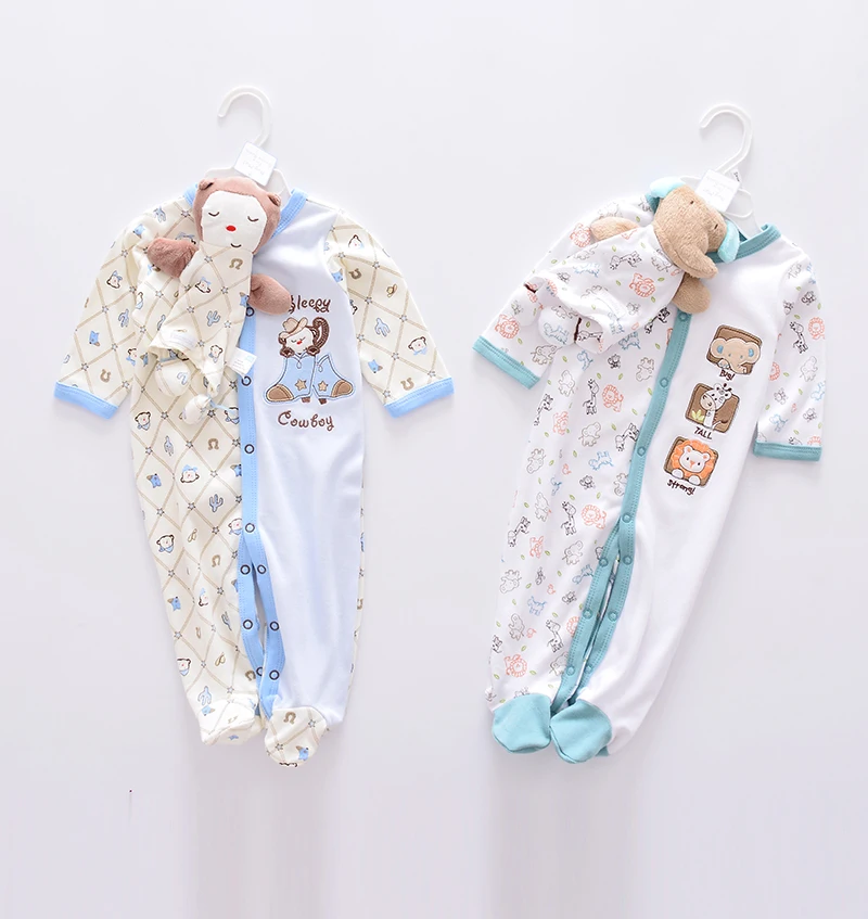 

0-3 year old spring conjoined footie jumpsuit baby clothing with small doll toys gift clothes baby, Two kinds of color selection