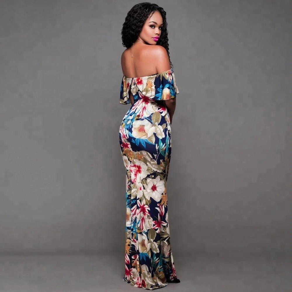 

MS-202 2018 women 's summer off-shoulder printing sexy fashion ruffle long dress, 2 colors;accoring to the picture show