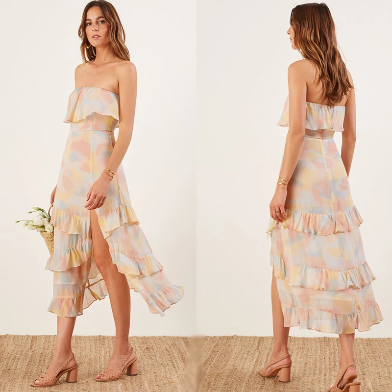 

Womens Clothing Ruffle Midi Dress Fashion Women with Slit, Yellow