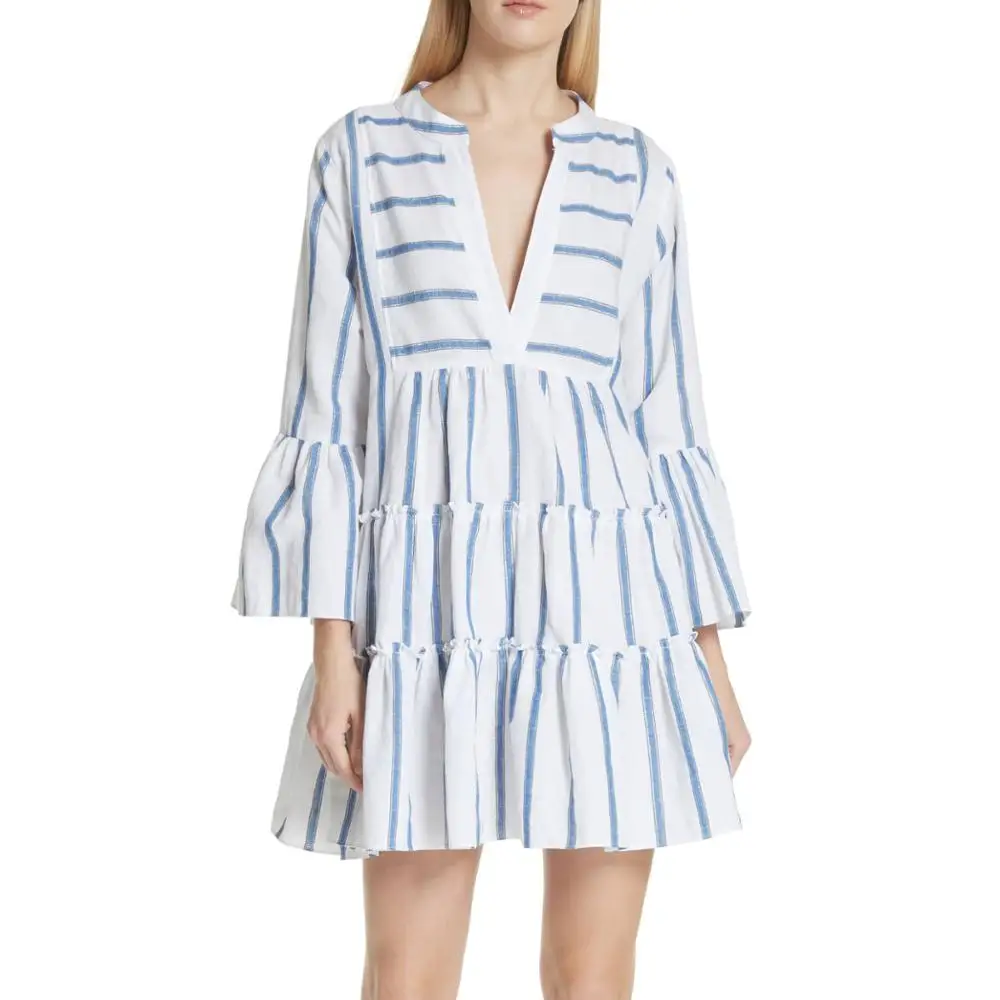 

Chinese clothing factory bell sleeves striped linen short dress for women
