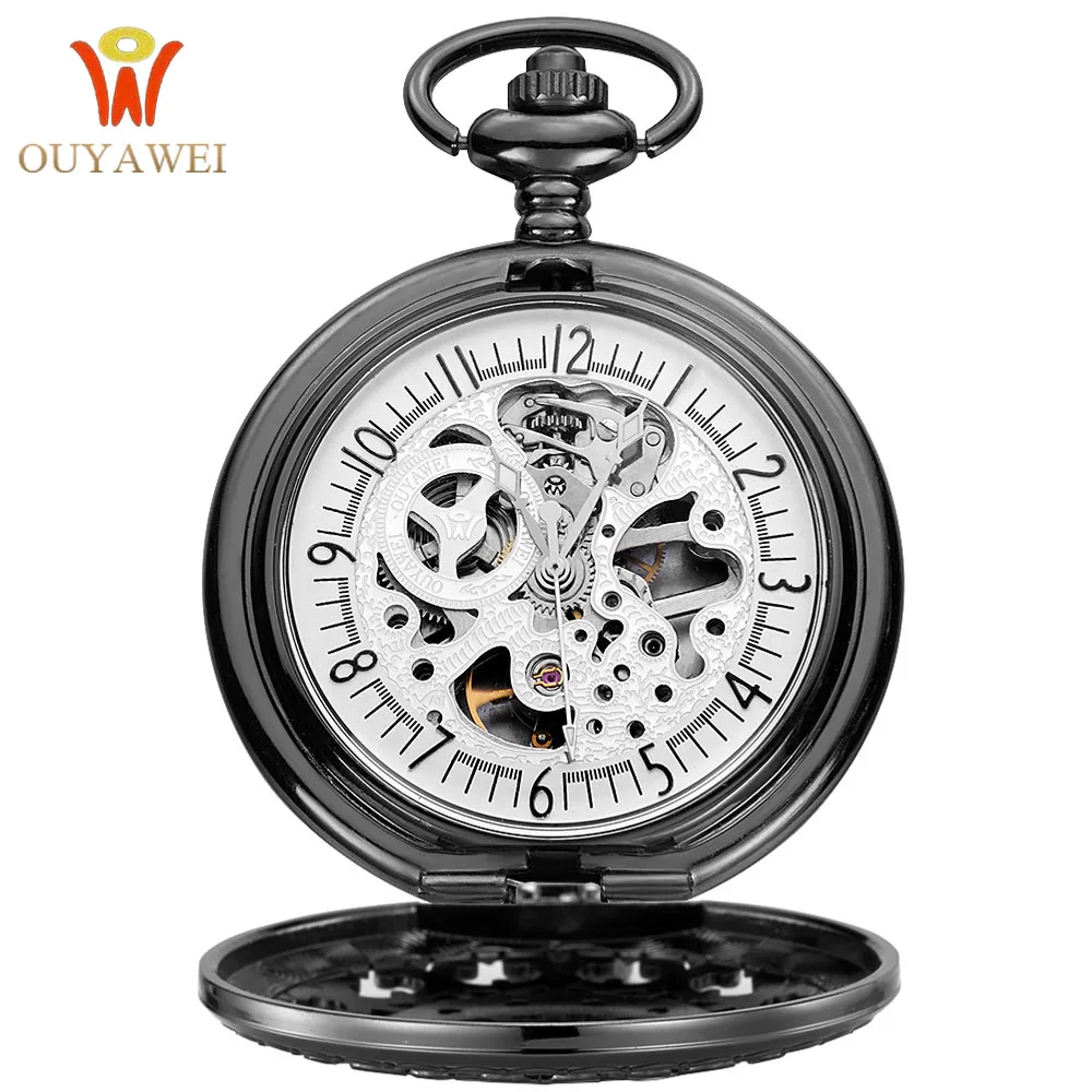 

Top Brand Luxury OUYAWEI Stainless Steel Chain 30M Waterproof Skeleton Antique Mechanical Gear Engraved Pocket Watch