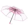 Ladies 3 Folding Transparent Umbrella Parasol Pink Flowers Pattern Umbrella