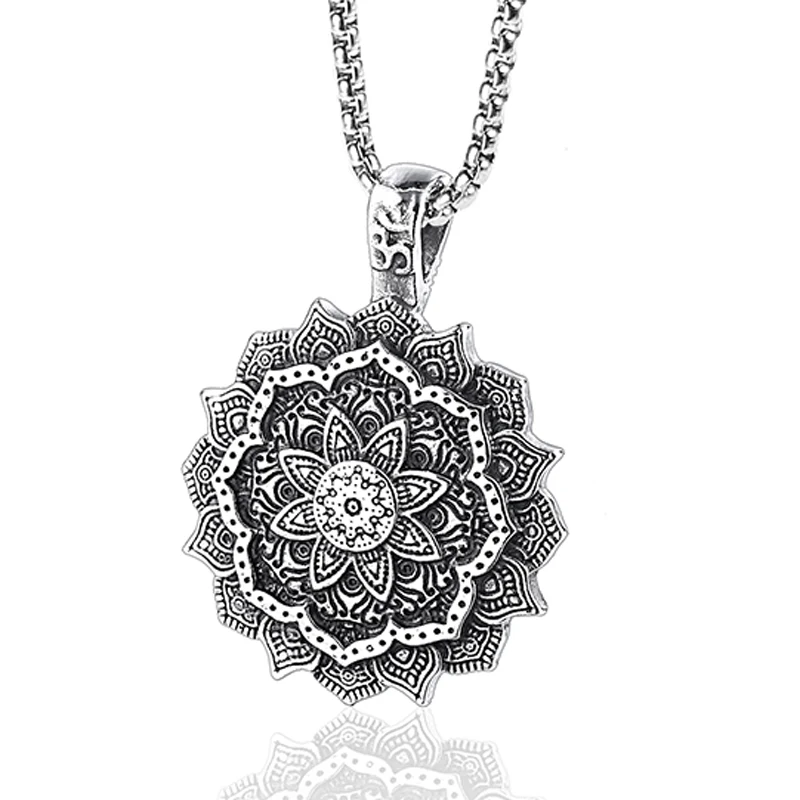 

Custom Stainless Steel Jewelry Vintage Men Flower Mandala Pendant, Vintage silver + black