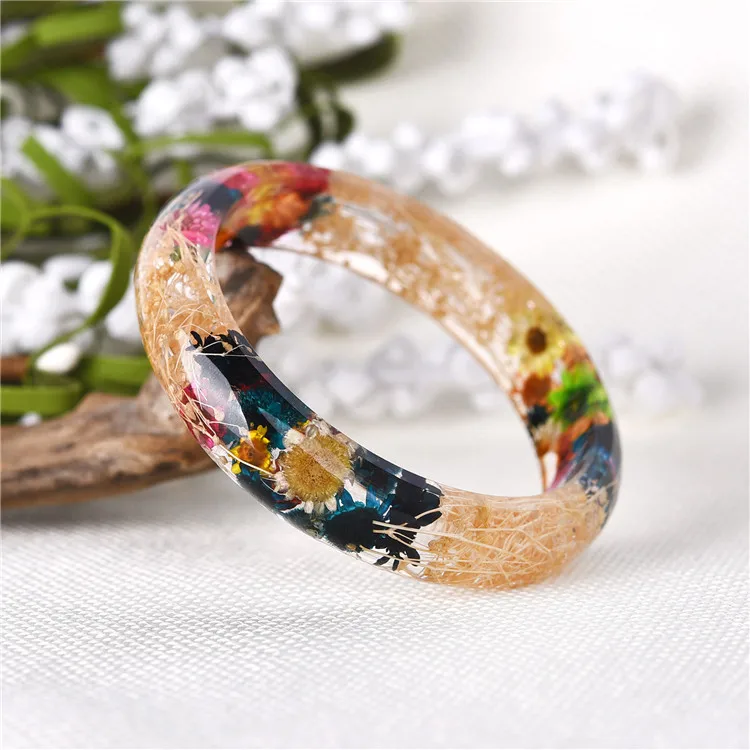 Jili Online Handmade Lucite Plastic Dried Flower Incased Resin Womens Bracelet Cuff Bangle Multi-Color 