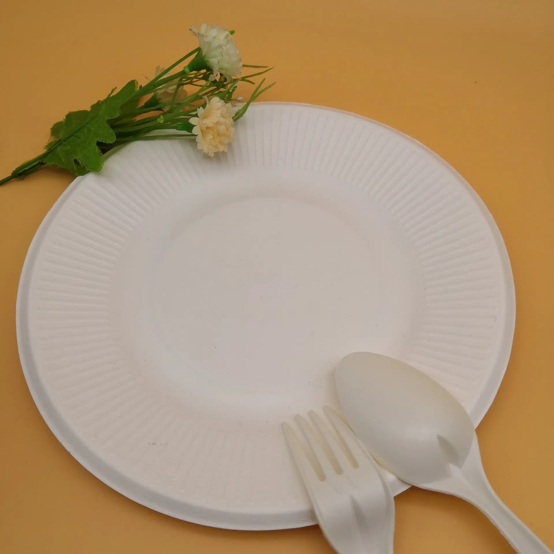 
Biodegradable disposable sugancane bagasse small round striped elegant Plate 