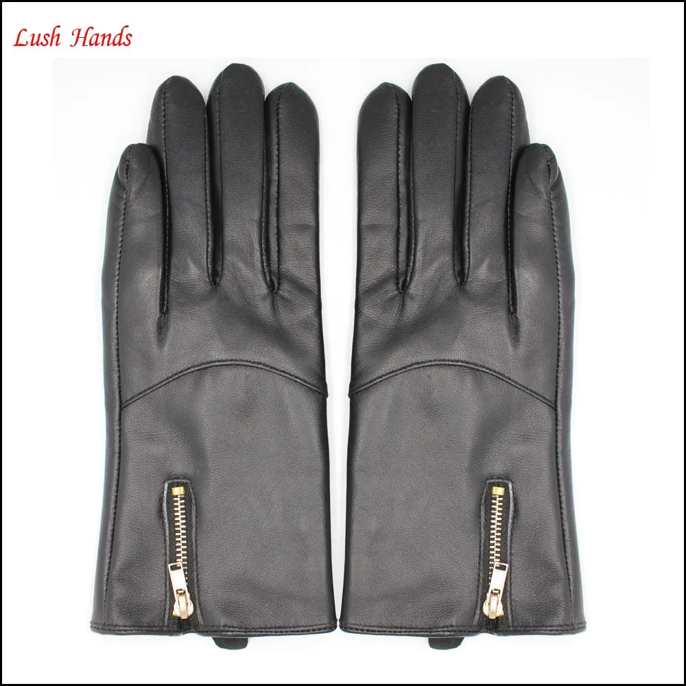 women sheepskin leather gloves have touch screen with zipper