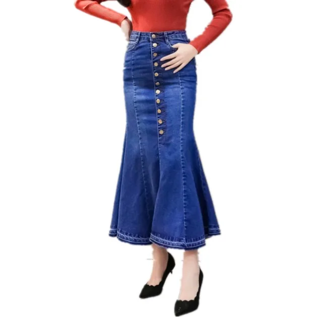

2018 Fashion Korean Preppy Style Denim Women Solid Color Long Skirt Casual Button Jean Skirt, White,red, blue