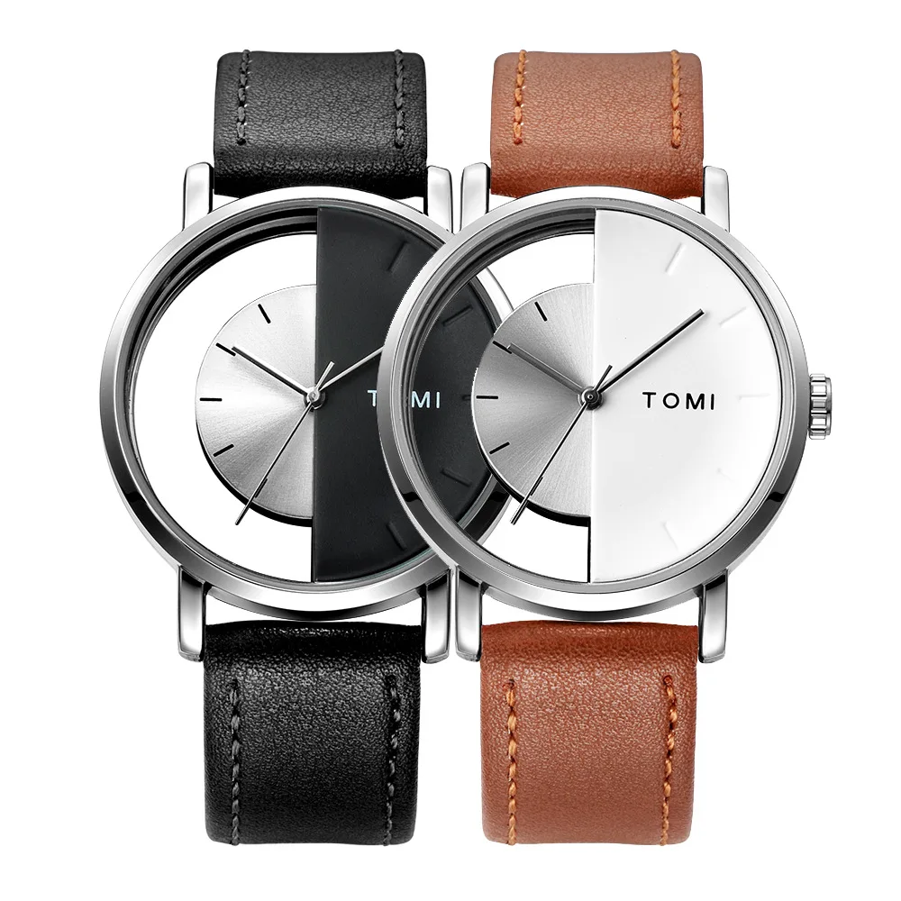 

TOMI T080 Hollow Design Oem Simple Men Women Unisex Leather Belt Couple Casual Fashion Quartz Wrist Watch, As the picture