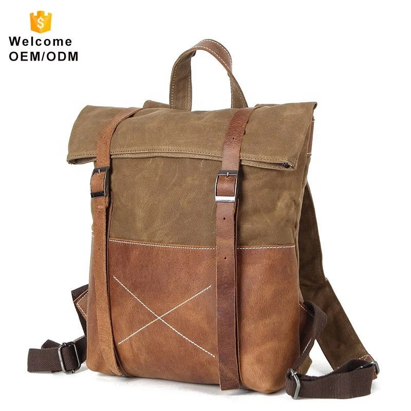 

LOW MOQ roll top travel cotton laptop custom logo wholesale black school bag rucksack print leather men vintage canvas backpack, Black, army green, dark gray, brown