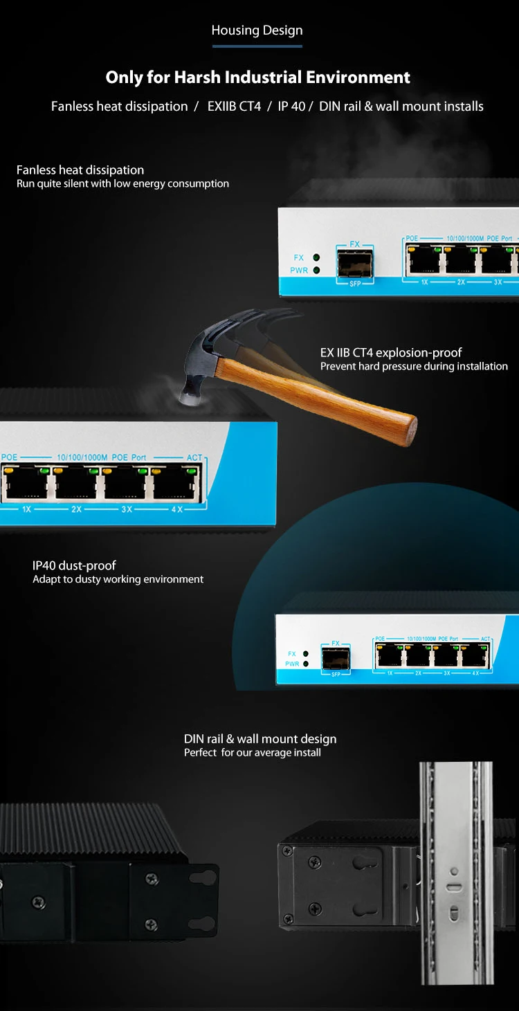 Power over ethernet gigabit 2 port sc industrial media converter poe