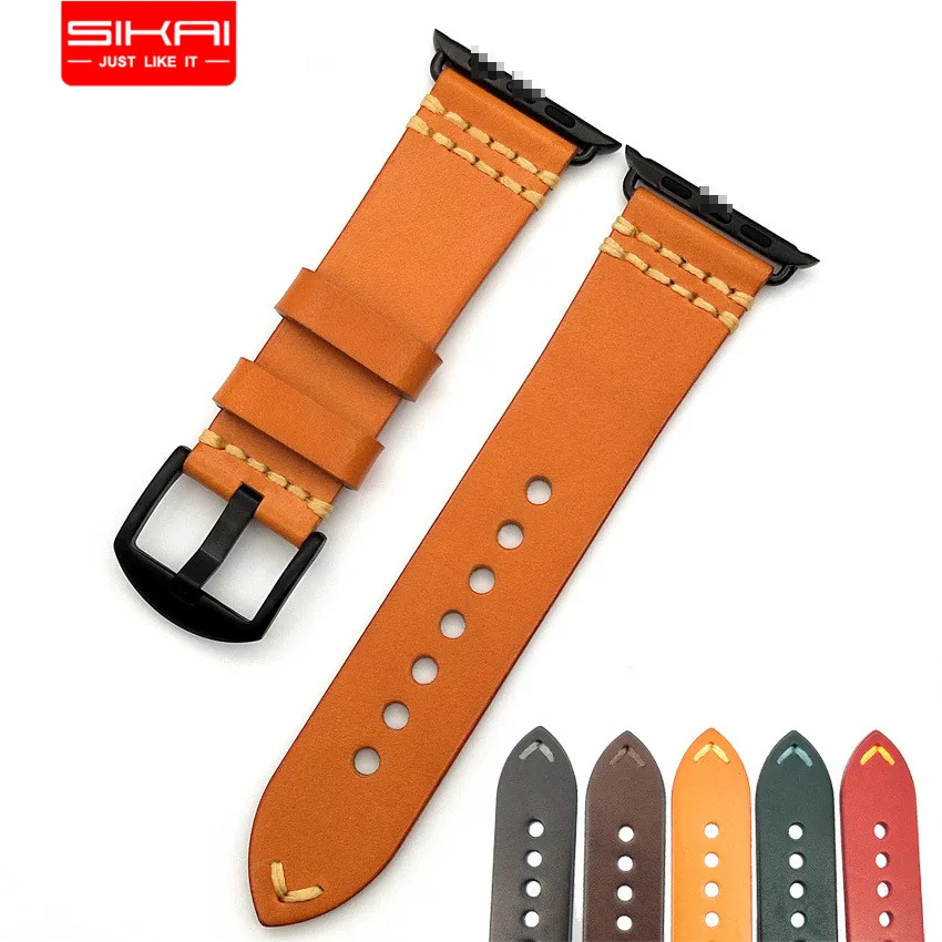 SIKAICASE Top Black Stainless Steel  Buckle Italian Genuine Leather watch band For apple Watch Strap
