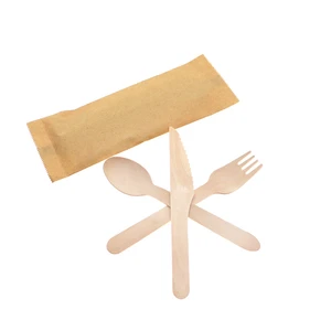 Image of Eco Friendly 6" Utensils 300 pc 100 Forks 100 Spoons 100 Knives Wooden Disposable Cutlery