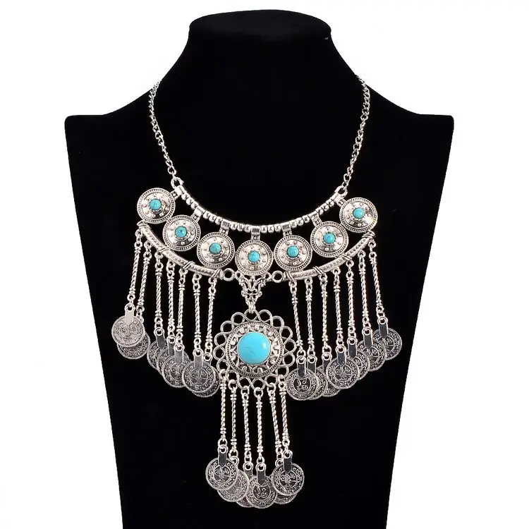 

2016 Gypsy Coin Tassel Turquoise Collar Mujer Ethnic Colliers Plastron Necklace