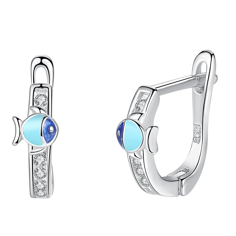 

925 Sterling Silver Earrings with Blue Enamel Lovely Fish Hoop Earrings for Kids Fashion Jewelry