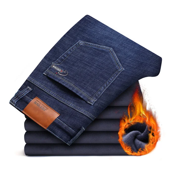 

High Quality winter Warm Homme Thick Stretch Denim Jeans Straight Fit Trousers male Cotton Pants men Large size40 42, Blue