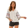 KEYIDI casual V neck white embroidery cotton woman shirt blouse