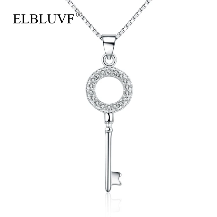 

ELBLUVF 925 Sterling Silver Chain Womens CZ Round Key Necklace For Wedding Valentine Gift