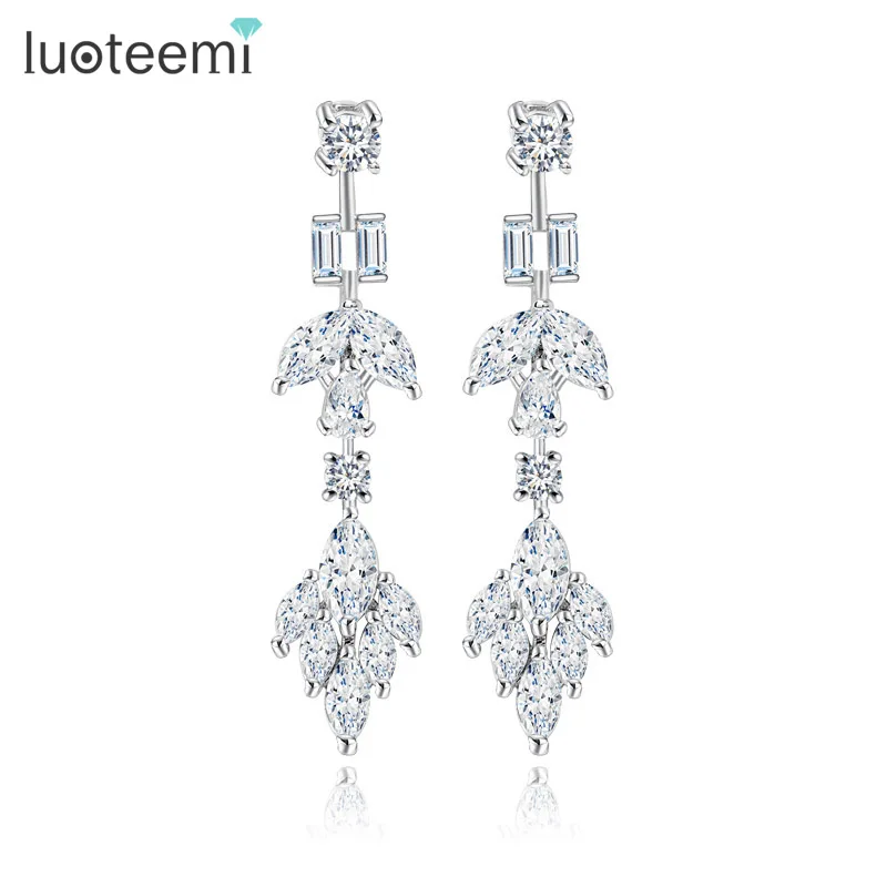 

LUOTEEMI Design Women Brinco Wedding Accessories Bling Zircon Gold Plated Long Drop Earrings for Bridal