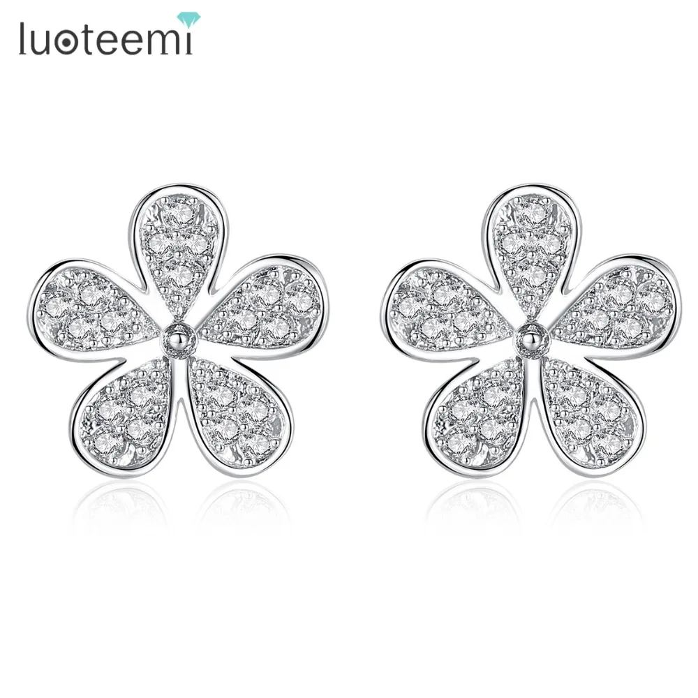 

LUOTEEMI Fashion Silver-color Tiny White Cubic Zirconia Micro Paved Primrose Flower Stud Earrings For Girls
