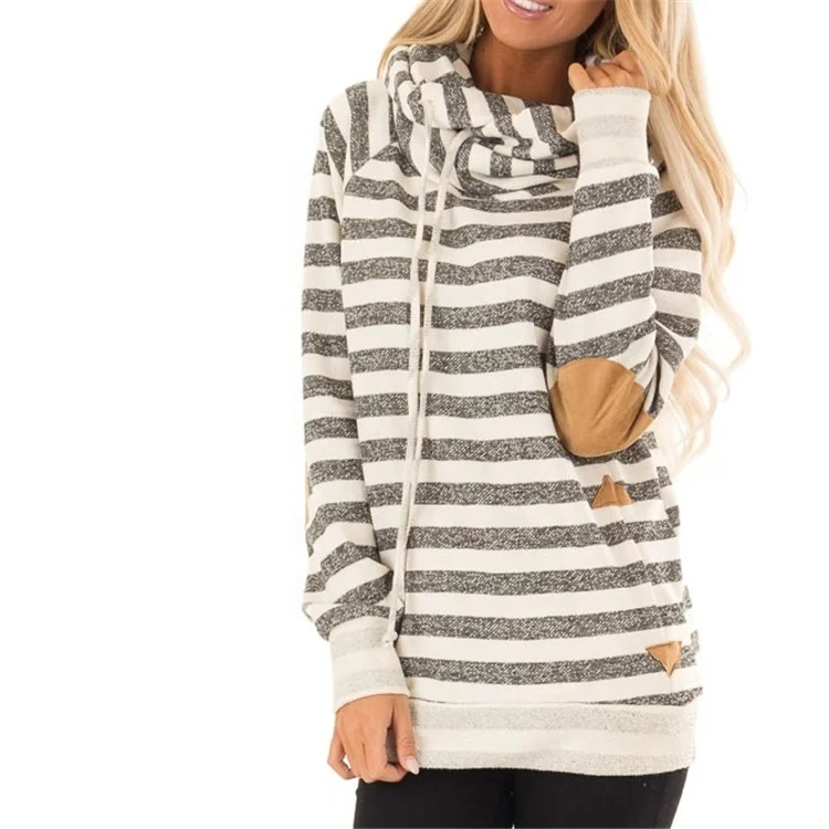 

Monogrammed Personalized Striped Cowl Neck Women Hoodies, Cream and charcoal