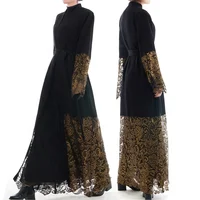 

elegant EID collection golden lace decorated black abaya muslim kimono nida long dress with belt