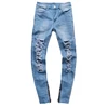 Latest design mens light blue ripped denim pants custom top quality super skinny stretch biker distressed jeans made in china