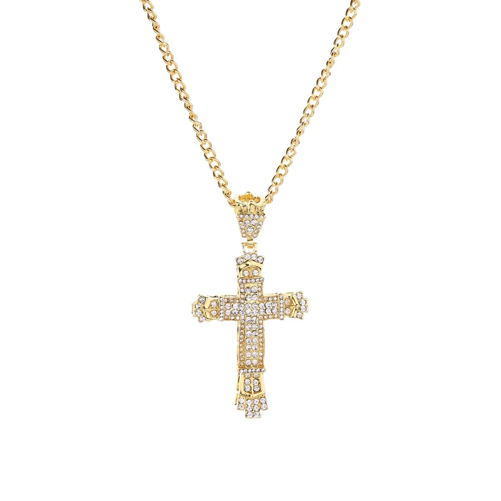 

2019 new arrival unisex men diamond crystal cross shape necklace jewelry cross necklace gold cross necklace, Picture