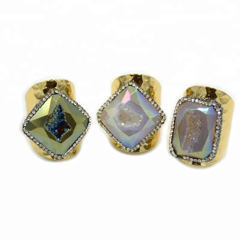

Druzy cuff gold geode metal rings rhinestone agate fashion cuff ring wholesale pave crystal stone jewelry