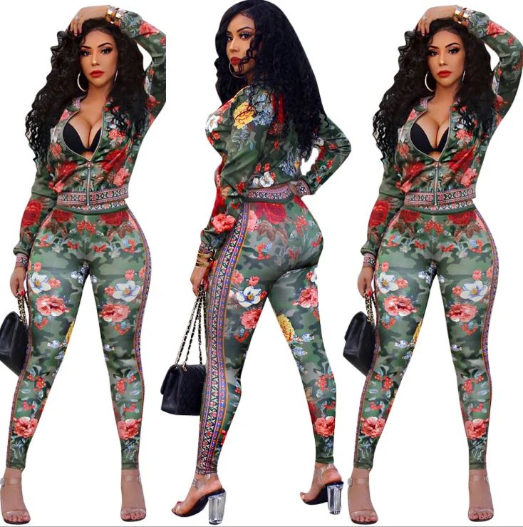 

women fashion Multicolor printing long sleeve zip open jackets pencil long pants two pieces sets sporting tracksuits overalls