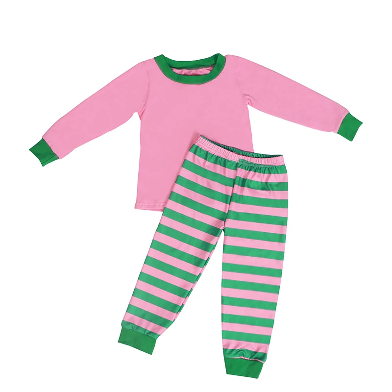 Wholesale Children's Boutique Clothing Green And Pink Striped Christmas Pajamas Baby Girl Clothes