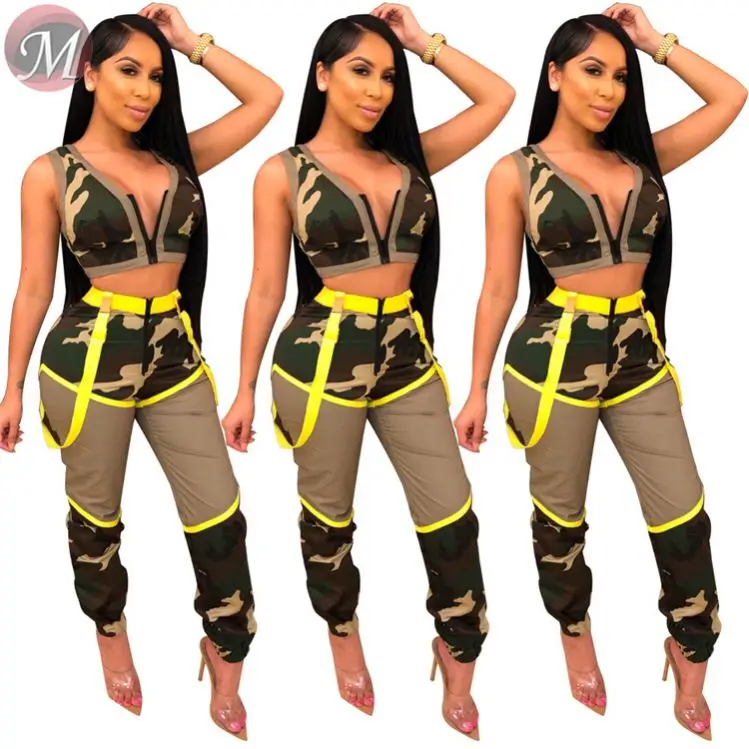 9071126 queenmoen fashion sexy front zipper summer woman camo pants and crop two piece club set