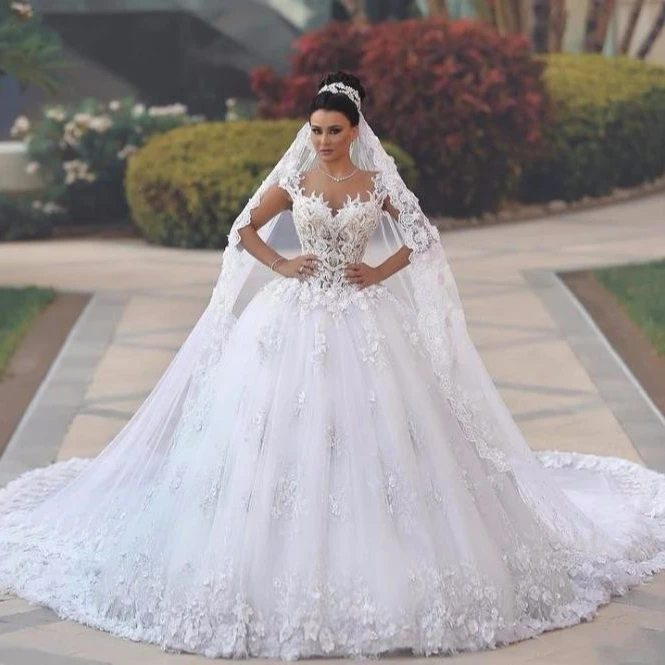 

ZH2891G Luxury Princess Ball Gown Wedding Dresses vestido de noiva de 3D Floral Lace Applique Royal Train Bridal Gowns Arabic, White;ivory