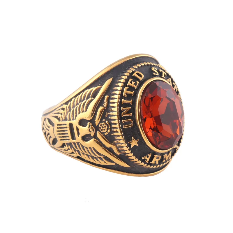 

American Stainless Steel Army Ring W/ Red Gemstone Gold Plated