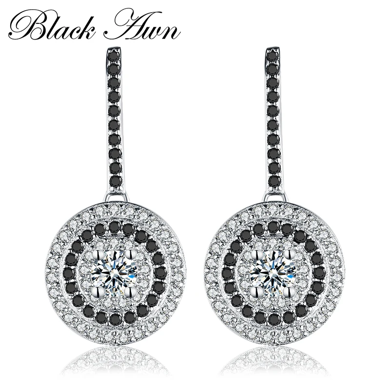 

[BLACK AWN] Genuine 925 Sterling Silver Fine Jewelry Wedding Round Stud Earrings for Women Black&White Female Earring T005